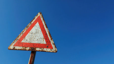 A close-up of a warning road sign with a reflective surface, against a clear blue sky, with ample space for text.の素材