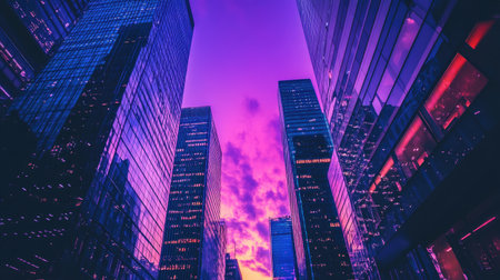 Twilight city view with glowing streetlights and reflections on glass towers under a vibrant purple sky.の素材