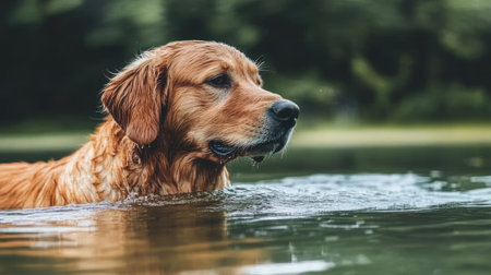 A Golden Retriever dog swimming in a clear lake, its fur glistening in the sunlight, offering an active and refreshing pet scene in nature.の素材