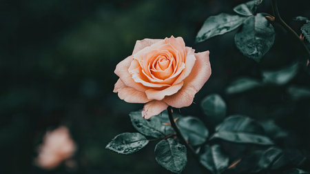 Close-up of a blooming peach-colored rose with visible texture on its petals.の素材