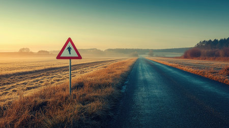 A triangular traffic warning sign placed in front of a rural road with a wide open field in the background, ready for captions.の素材