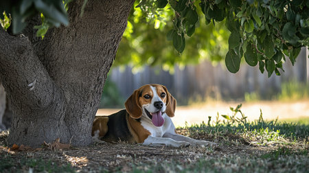 A Beagle dog resting in the shade under a tree, its body relaxed with its tongue hanging out, showcasing a peaceful and serene moment.の素材