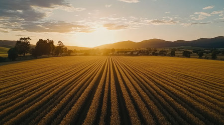 A wide shot of a wheat field during golden hour, with the warm sunlight casting long shadows over the rows of wheat.の素材