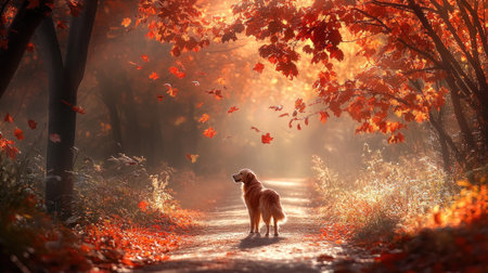 A Golden Retriever dog standing proudly on a scenic path surrounded by autumn leaves, with its coat glowing in the warm sunlight.の素材