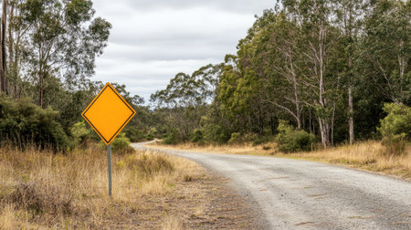 A blank triangular warning sign with a yellow reflective background, placed on a quiet rural road, offering space for important safety messages.の素材
