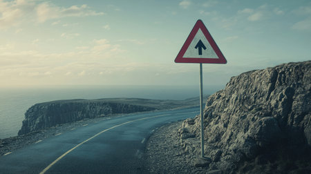 Empty road hazard sign at a sharp curve in the road, set against a rocky cliffside and vast sky, ideal for conveying warning messages.の素材
