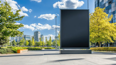 Blank outdoor display board in an urban area with wide streets and a beautiful sky, ready for creative ad placements.の素材
