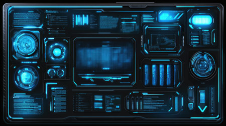 A futuristic industrial background with glowing blue data streams, digital interface overlays, and metallic surfaces.の素材