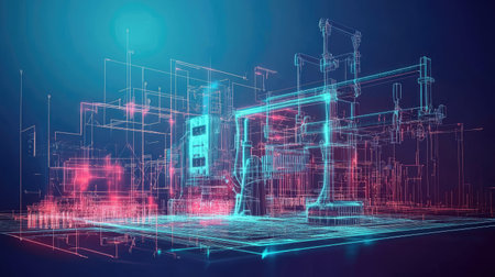 A futuristic energy management system with digital analytics, real-time power flow control, and cyber-security protection.の素材