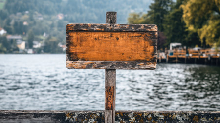 Blank rustic wooden sign on a pier overlooking calm waters, perfect for showcasing a brand's logo or creative message.の素材
