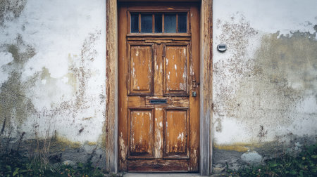 A corroded, rusty metal door with peeling paint and traces of oxidation, with a simple background that draws attention to the details.の素材