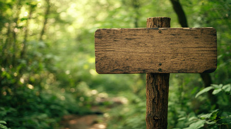 A rustic wooden signpost with a smooth surface, perfect for placing promotional messages, set against a lush green forest.の素材