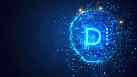 A background of futuristic industrial circuits, high-speed data transfers, and glowing AI-powered automation networks.の素材