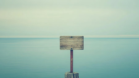 Blank rustic wooden sign on a pier overlooking calm waters, perfect for showcasing a brand's logo or creative message.の素材