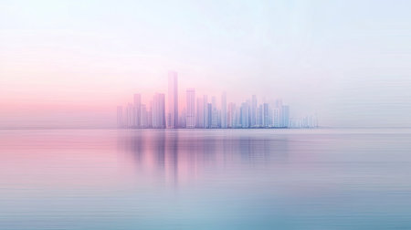 A misty, blurred city skyline at sunrise with soft pastel hues blending into the distant urban horizon, evoking a dreamy mood.の素材