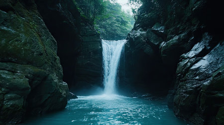 A magical waterfall cascading from a cliff into a glowing pool of water, surrounded by ancient ruins and overgrown with moss and vines.の素材