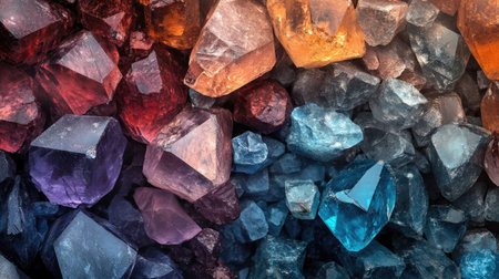 A collection of colorful gemstone crystals scattered in a pattern, their facets reflecting light and forming a dazzling background.の素材