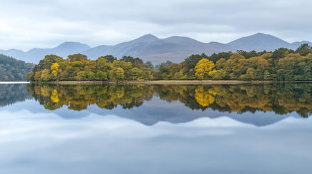 A calm, tranquil lake with perfectly still water reflecting the surrounding mountains and trees, bathed in soft light.の素材