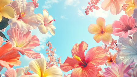A bright and colorful floral background with tropical flowers such as hibiscus and plumeria, set against a light blue sky, leaving room for text.の素材