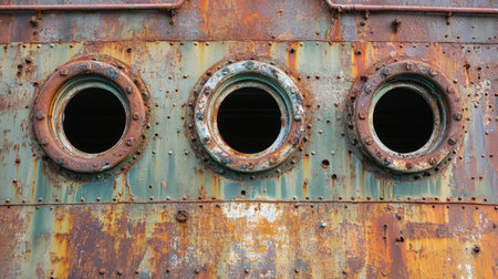 A rough and rusty steel surface with corrosion marks, exposed metal, and a faded, industrial feel against a clean backdrop.の素材