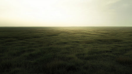 A wide open field at sunrise, with soft light pouring over the landscape and creating long shadows on the ground.の素材