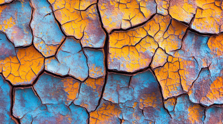 Close-up of an oxidized metal sheet, featuring cracks and layers of orange rust, perfect for adding depth and character to your designの素材