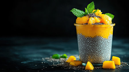 A clear glass jar filled with chia pudding topped with mango puree and mint leaves.の素材