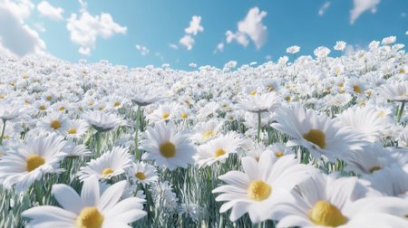 A field of soft, white daisies gently swaying in the wind under a clear blue sky. Bright and natural beauty.の素材
