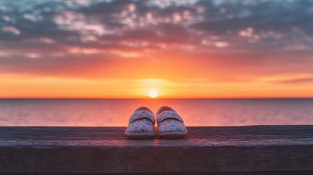 A calm sunset background framed by a small pair of baby shoes resting on a wooden ledge.の素材