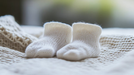 A pair of tiny baby socks folded neatly on a light, textured blanket, symbolizing tenderness and new beginnings.の素材