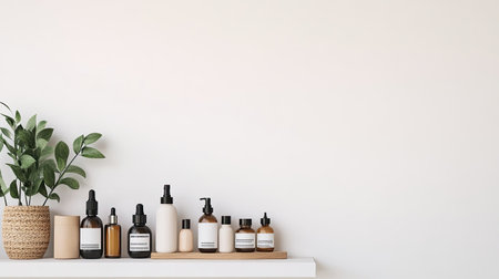 A collection of pregnancy-safe skincare products arranged neatly on a white shelf, symbolizing self-care and wellness during pregnancy. Minimalist and clean.の素材