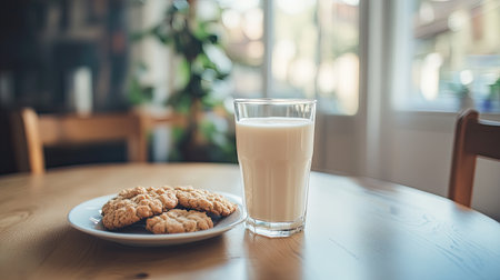 A glass of milk with a plate of whole-grain cookies on a wooden table, symbolizing healthy and satisfying snacks during pregnancy. Warm tones.の素材