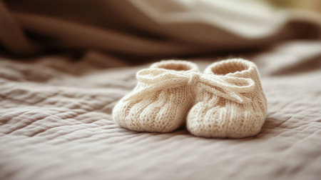 A pair of baby booties tied together with a ribbon, placed on a smooth fabric surface.の素材