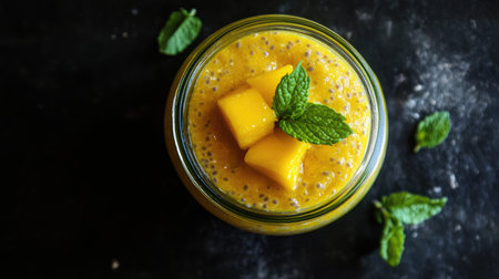 A clear glass jar filled with chia pudding topped with mango puree and mint leaves.の素材