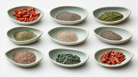 A collection of superfoods like goji berries, chia seeds, and spirulina powder in small bowls.の素材