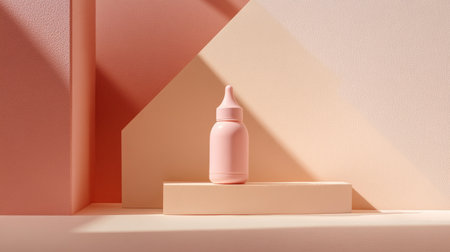 A pastel-colored baby bottle standing upright on a neutral background, framed by soft textures and minimal design.の素材
