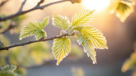 A close-up of dew drops on soft green leaves, illuminated by the golden light of morning. Natural and serene.の素材