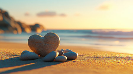 A heart-shaped arrangement of small stones on a sandy beach, symbolizing love and stability. Minimalist and natural.の素材