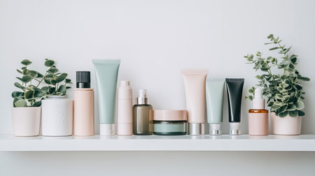 A collection of pregnancy-safe skincare products arranged neatly on a white shelf, symbolizing self-care and wellness during pregnancy. Minimalist and clean.の素材