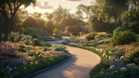 A peaceful outdoor park scene with a pathway, blooming flowers, and soft sunlight, symbolizing nature and mindfulness for expecting mothers.の素材