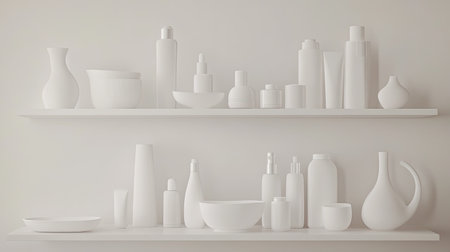 A collection of pregnancy-safe skincare products arranged neatly on a white shelf, symbolizing self-care and wellness during pregnancy. Minimalist and clean.の素材