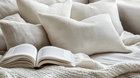 A cozy bed with plush pillows, a light blanket, and an open book on sleep hygiene and relaxation techniques during pregnancy. Soft white tones and natural light.の素材