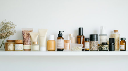 A collection of pregnancy-safe skincare products arranged neatly on a white shelf, symbolizing self-care and wellness during pregnancy. Minimalist and clean.の素材