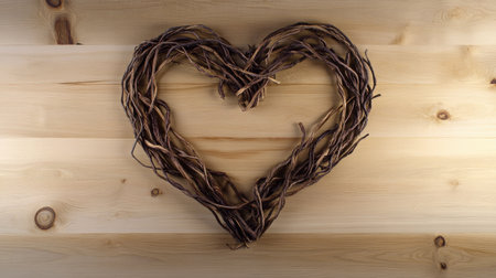 A minimalistic heart symbol made from intertwined vines on a light wood surface, symbolizing connection and love.の素材