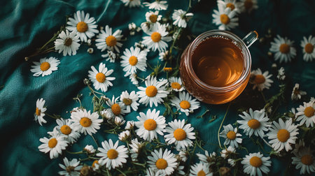 A flat lay of herbal teas, a teapot, and dried chamomile flowers, emphasizing natural wellness during pregnancy. Neutral background and earthy tones.の素材