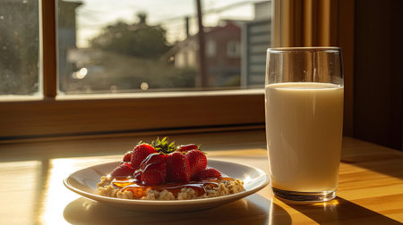 A glass of milk beside a plate of oatmeal topped with fresh strawberries and honey drizzle.の素材