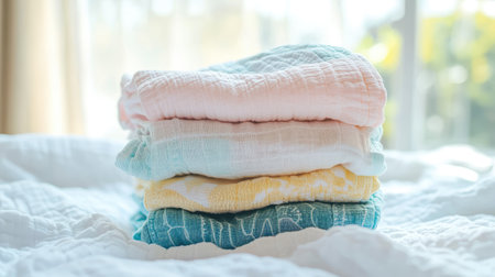 A neatly folded stack of pastel baby clothes on a smooth surface, surrounded by natural light.の素材