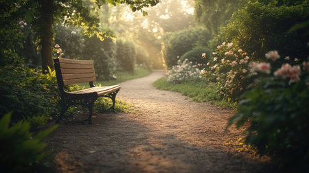 A peaceful outdoor park scene with a pathway, blooming flowers, and soft sunlight, symbolizing nature and mindfulness for expecting mothers.の素材
