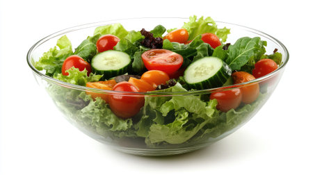 A fresh salad with mixed greens, cherry tomatoes, cucumbers, and olive oil dressing in a glass bowl, symbolizing healthy eating during pregnancy. Vibrant colors.の素材
