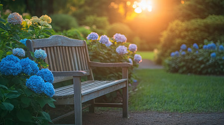 A quiet garden scene with blooming hydrangeas, a wooden bench, and soft sunlight creating a relaxing atmosphere.の素材